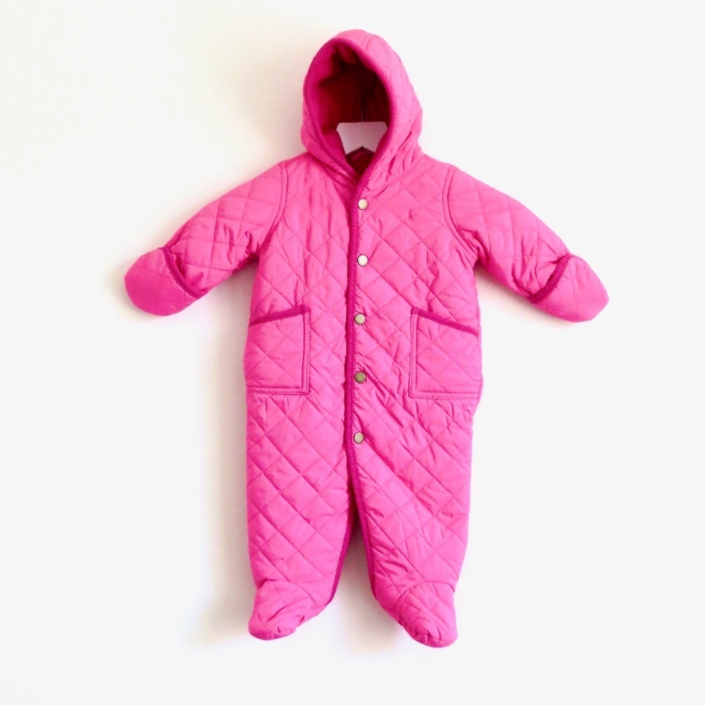 NEW! Ralph Lauren Baby Hooded Quilted Barn Bunting Snow Ski Suit Pink 6 Months